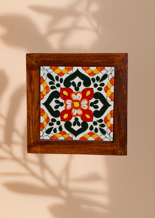 Handcrafted Marigold Wall Tile in Wooden Frame