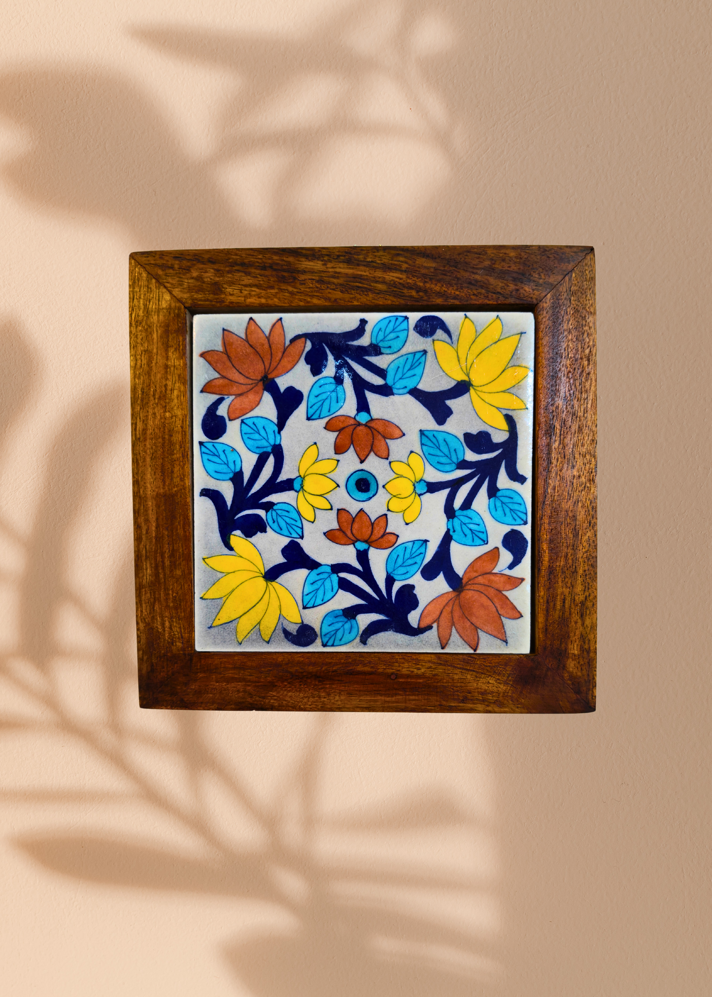 Handcrafted Lotus Wall Tile in Wooden Frame