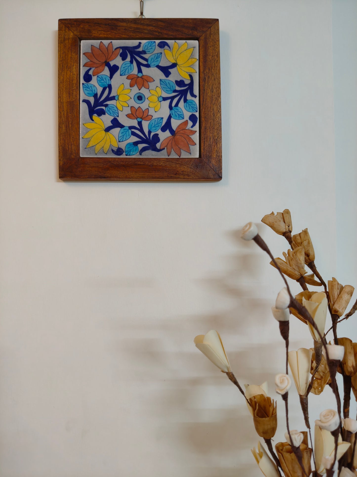 Handcrafted Lotus Wall Tile in Wooden Frame