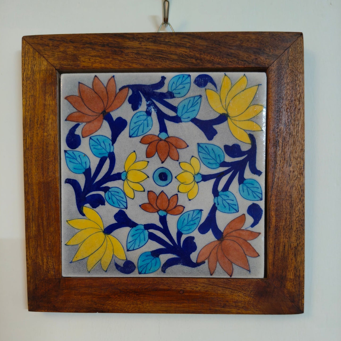 Handcrafted Lotus Wall Tile in Wooden Frame